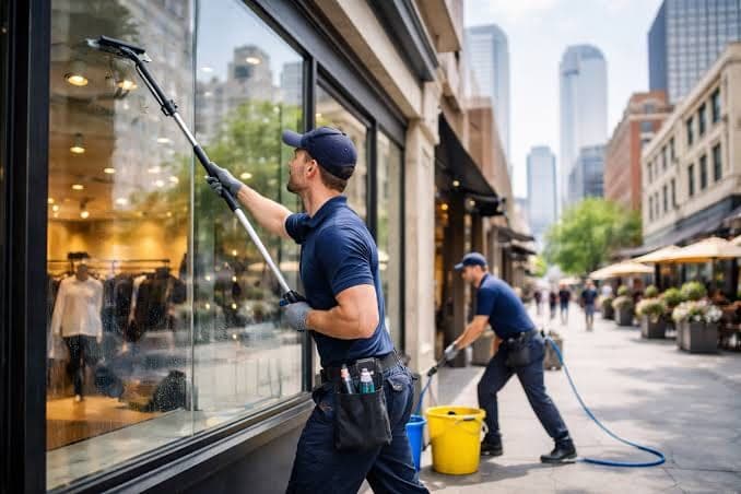 Glazenwassers reinigen de etalageruiten van winkels in een winkelstraat